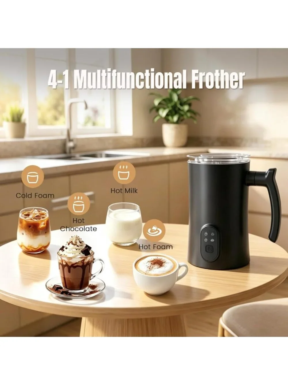 4-in-1 Milk Frother & Steamer - 350ml Hot/Cold Foam Maker for Coffee Lovers